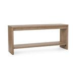 Rustic console table made from reclaimed pine with a natural finish and a spacious open shelf near the floor