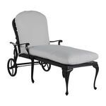 Outdoor chaise with black aluminum frame, curved legs, wheels at the back, and light gray cushioned seat and backrest