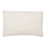 Back side of lumbar pillow in solid ivory polyester fabric with subtle quilting