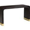 Black raffia covered console table with curved edges and antique brass feet