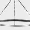 Front view of the Rosendale chandelier highlighting the symmetry of the three supporting chains and the thin LED light ring