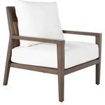 Three-quarter back view of lounge chair showing woven raffia back with taupe seat base