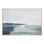 Abstract wall painting with horizontal broken geometry in earthy blues, greens, and white with thin wooden frame