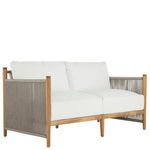 Pacifica Natural Teak Loveseat with light wood frame, white cushions, and taupe rope sides