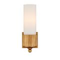 Bryce Bath Wall Sconce centered with clean white cylindrical diffuser and textured ribbed gold base