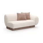 Seta Oatmeal Loveseat with rounded armrests, oatmeal ribbed linen upholstery, camel faux mohair base, and two camel-colore...