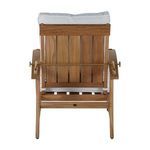 Close-up showing golden brass recline hardware attached to teak armrest