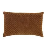Close-up front view of pillow focusing on plush bronze lattice embroidery detail