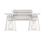 Calhoun 2 Light Bath Bar with brushed satin nickel finish, clear tapered cone glass shades, and two cylindrical bulb sockets