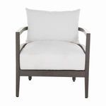 Front straight-on view of chair with white cushions highlighting seat depth and frame width