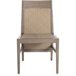 Straight-on view of chair showing full woven raffia seating and backrest panels