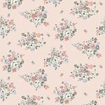 Matte finish wallpaper with pastel pink background and bouquets of pink, blue, white flowers and green fern foliage
