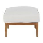 Straight-on view of Santa Barbara teak ottoman with clean cushion edges and wooden legs