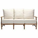 Sofa front view matching primary with off-white cushions and teak frame