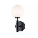 Mina 1 Light Wall Sconce with matte black metal base and round white frosted glass globe shade