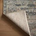 Rug corner flipped over revealing the sturdy woven backing and edge stitching on wood floor