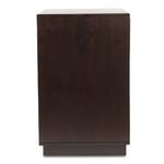 Side view showing plain dark brown wood side panel of nightstand