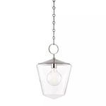 Greene 1 Light Large Pendant with clear glass tapered shade, single visible bulb, and brushed nickel chain suspension