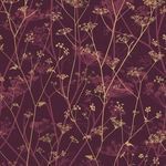Wallpaper with starry gold floral clusters on deep burgundy textured mica fibrous paper