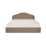 Taupe upholstered Maggie Storage Bed with classic arched headboard and rounded footboard