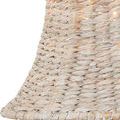 Close-up focusing on the woven edges and texture of the whitewashed seagrass chandelier shade