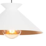 Side profile of pendant focusing on the cone shape and illuminated bulb from gold leaf interior