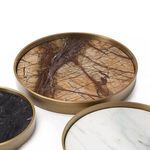 Close-up of largest round brass tray with brown marble inlay featuring red and cream veining