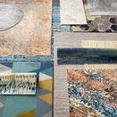 Variety of modern rugs including Tibetan Taupe / Gray Rug arranged on a floor with colorful designs