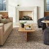 Rug displayed in a living room setting with cream sofa, black chairs, wooden table, and fireplace.