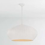 Front view of Ferndale pendant lamp hanging from ceiling with visible warm glow underneath