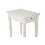 Angled side view of Oslo Side Table highlighting carved edges and brass drawer pull