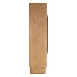 Side profile of cabinet highlighting flat natural wood grain surface and door handle thickness