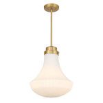 Front view of pendant lit, showing soft glow through white ribbed glass shade