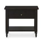 Katherine nightstand in dark Acacia wood with one drawer, open shelf, turned legs, and brass knob