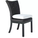 Montecito Dining Side Chair with dark woven rattan back and seat frame, black legs, and white seat cushion