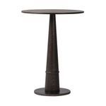 Goetz Bar + Counter Table with solid oak base featuring ring detailing and dark oak veneer round tabletop