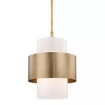 Large pendant light with white cylindrical glass shade encircled by a wide brushed gold metal band and suspended by a matc...