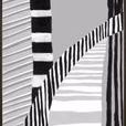 Abstract painting with bold black and white geometric shapes and contrasting monochrome stripes creating an optical illusion