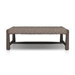 Front view of table top showing even woven rope pattern and wooden legs visible underneath