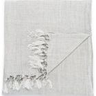Solid gray linen throw blanket with a soft woven texture and fringe accents on one edge
