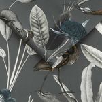 Glasshouse Wallpaper with large-scale botanical leaves and unique birds on a moody midnight background