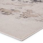 Close-up of rug corner showing edge binding and plush textured pile in light gray and taupe hues.