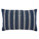 Rectangular lumbar pillow with blue and ivory striped tribal embroidery on durable woven polyester