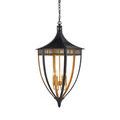 Wycombe Lantern shown front on, hanging from ceiling with visible chain and four lit bulbs inside