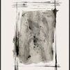 abstract painting with bold black strokes framing a textured grey center on an off-white background