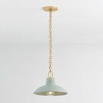 Pendant hanging from ceiling with visible bulb illuminated inside muted green shade