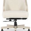 Front view focusing on cushioned seat depth and adjustable height lever on swivel chair base
