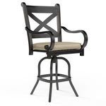 Monterey Barstool with Espresso powder-coated aluminum frame and beige seat cushion, featuring curving arms and X-back design
