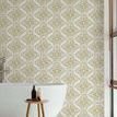 Wallpaper applied on wall behind bathtub in bright, modern bathroom with blinds on window