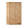Tall storage cabinet in light natural oak with angled paneled doors and chamfered face frame edge